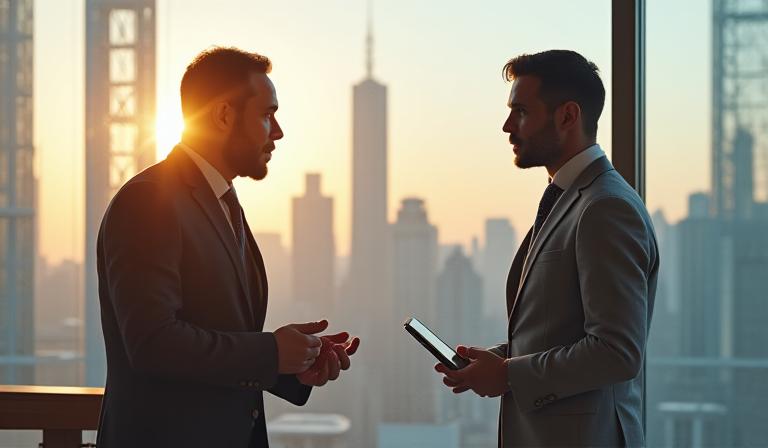 Two professionals discussing financial documents in a modern glass-walled office